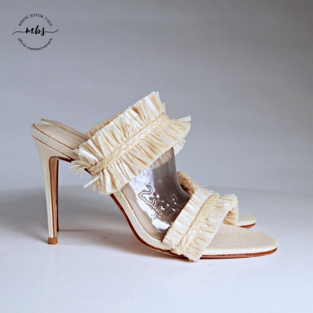 NWOT House of Harlow 1960 x Revolve Frayed Raffia Heels Cream Raffia Women 9‎